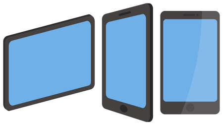 Tablets and a phone with touchscreen and black frame. Electronic technologies vector illustration. for work and play. Gadgets isolated on white background. Equipment for graphic designのイラスト素材