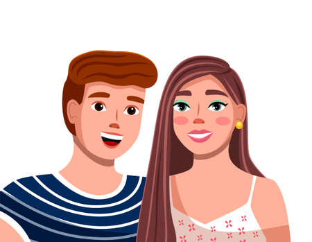 Young man and woman isolated on white. Smiling guy in a striped T-shirt standing near young joyful girl in a summer sundress. Happy boyfriend embracing girlfriend. Male and female cartoon charactersのイラスト素材