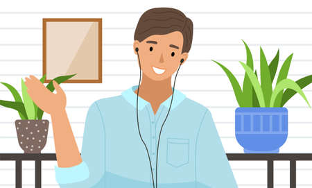 Smiling man having conference video call. Male character is chatting online working from home. Handsome boy in headphones waving hand up. Shelf with flowers in the background vector illustrationのイラスト素材