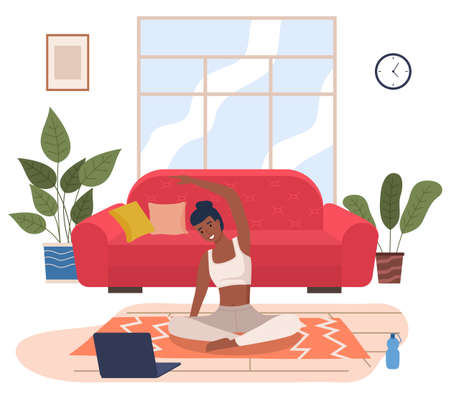 Woman doing yoga exercise, is engaged in a video lesson with a laptop. Young dark skinned fit girl sitting in lotus position at home. Female is taking care of her health, leads a healthy lifestyleのイラスト素材