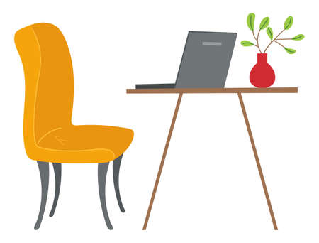 Cozy home interior with comfort yellow soft armchair, coffee table, laptop and green branch in a vase. Comfortable interior of room or cafe. Fashionable place for remote work or study with computerのイラスト素材