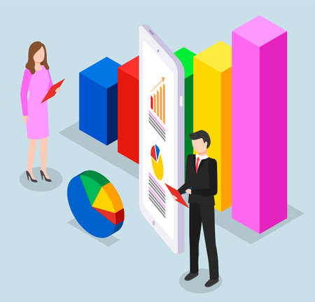 3d growing graphic. Vector isometric infographics. Financial strategy. Analysis info, statistic. Digital marketing. Office workers, man and woman, visual graph, diagram, smartphone with informationのイラスト素材