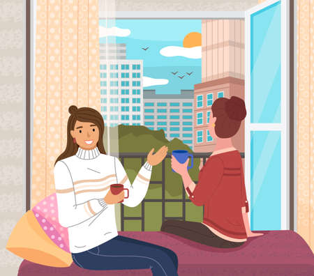 Young women sitting on windowsill at home looking out the window, relaxing drinking tea. Female characters rest in cozy interior vector illustration. Spend time at home enjoy the beautiful sceneryのイラスト素材
