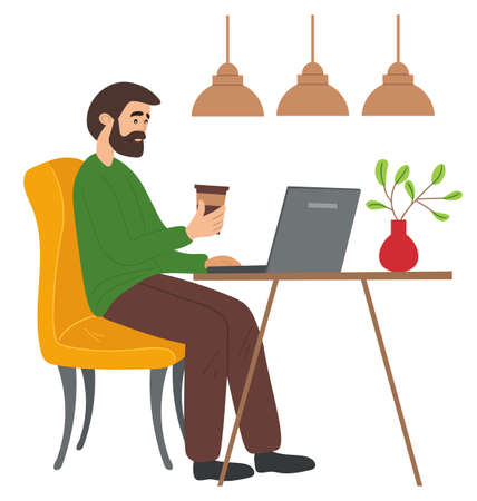 Bearded man sits in cafe with a cup of coffee and surfs the internet using a laptop. Social networking, remote work, web browsing. Web surfing, Color vector illustration in flat cartoon styleのイラスト素材