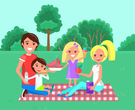 Happy family on a picnic outdoor. Dad, mom, son and daughter are resting in nature sunny day sitting on the blanket on the grass. Vector in a flat style parent spend time with kids, active weekendのイラスト素材