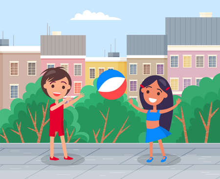 Happy boy and girl smiling friends playing toy ball in the city park. The best summer child s outdoor activities. Active family weekend children s games. Kids volleyball outdoor, team ball gameのイラスト素材