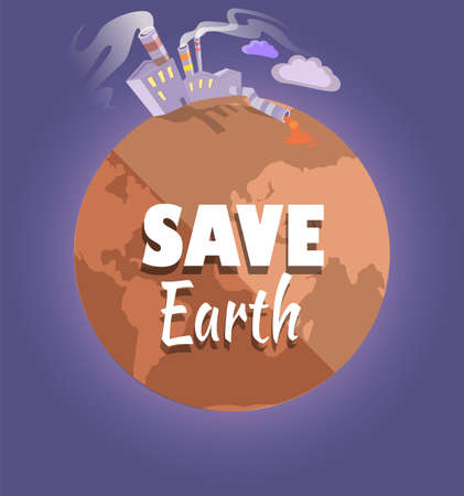 Plant emits smog from pipes. Dried, hot and red planet globe. Factory throws out waste harmful for nature and pours it into water. Save Earth and environmental care. Planet destroyed by humanのイラスト素材