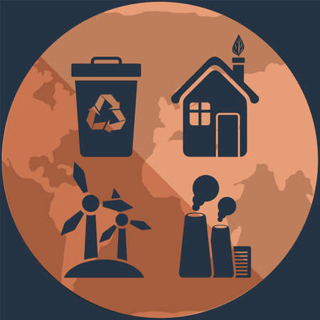 Silhouettes of objects destroying and saving ecology of Earth on background of planet. Waste recycling, use of alternative energy sources without harm to environment. Outlines of plants polluting airのイラスト素材