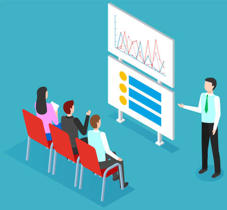 Business people working analyzing financial statistics. The marketer examines information with charts. Man teacher is using interactive whiteboard with diagrams teaching statistical analysis in classのイラスト素材