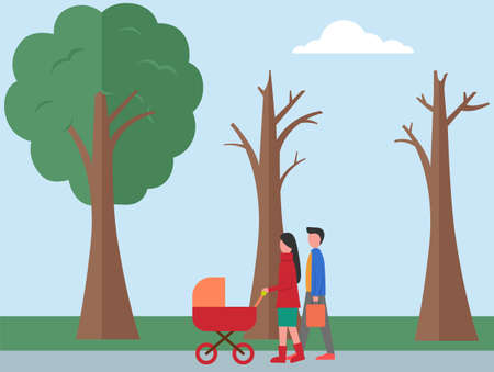 Young parents pushing stroller in autumn park. Man and woman are walking with child in street. Family on walk. Mom is looking at baby in stroller. Husband and wife spend time together outdoorsのイラスト素材