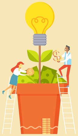 Successful business people standing on stairs with golden dollar coin grows new idea light bulb, business start up. Concept of creative idea or inspiration. New achievements in investment activitiesのイラスト素材