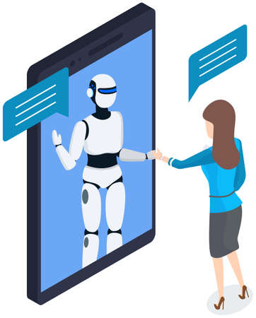 Chatbot concept support robot technology digital chat bot application on smartphone screen with chat bubbles. Woman user communicating with virtual white robot modern mobile app, humanoid assistantのイラスト素材