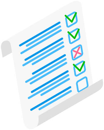 Completed survey checklist sheet vector illustration. Education test, questionnaire, document with verified answers. Offline exam and studying concept. Form with questions isolated on white backgroundのイラスト素材