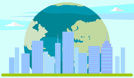 City on background of planet. Skyscrapers and high-rise buildings vector illustration. Modern town landscape and architecture in daytime. City under cloudy sky. Metal structures in arrangement of cityのイラスト素材