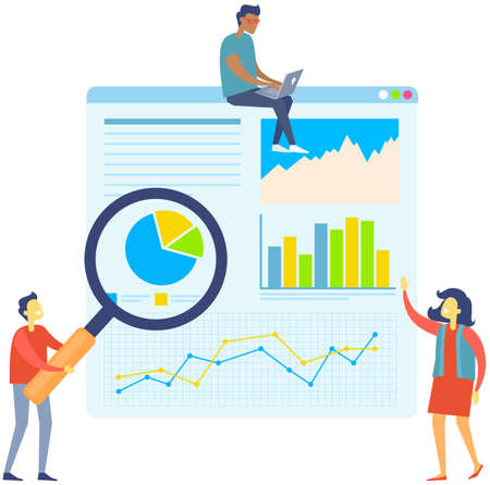 Man with magnifier showing diagrams on board to colleagues. Growth arrows and chart on table. Person with loupe presents marketing project on poster. People are discussing statistical indicatorsのイラスト素材