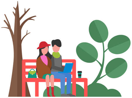 Man and woman sitting on bench outdoors. Couple in love on date. People in relationship on walk in park destroyed by human activity. Dirty, dry, greenless nature. Save environment and ecology conceptのイラスト素材
