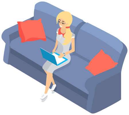 Young girl in glasses sitting with laptop on sofa serfing in internet training, education online. Undergraduate knowledge. Business seminar, distance tutorials, studying course for university studentsのイラスト素材