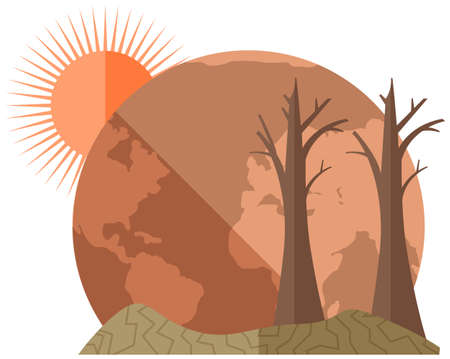 Earth global warming poster. Dried, hot and red planet globe under scorching rays of sun vector...