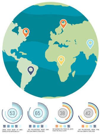 Planet with map marks. Ratio of numbers near world globe concept. Level of pollution on Earth vector illustration. Marked land with green continents and blue waters isolated on white backgroundのイラスト素材