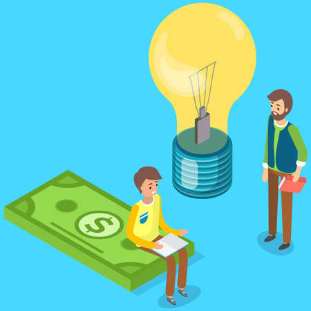 Great idea and brainstorming in business with businessmen partners looking at idea bright light bulb. Two man are discussing solution to increase profits, decide on new investment financial activityのイラスト素材