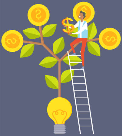 Man collects dollars from money tree. Guy stands on ladder and picks off coin vector illustration. Male character grows money and currency producing plant. Tree with coins grows from light bulbのイラスト素材