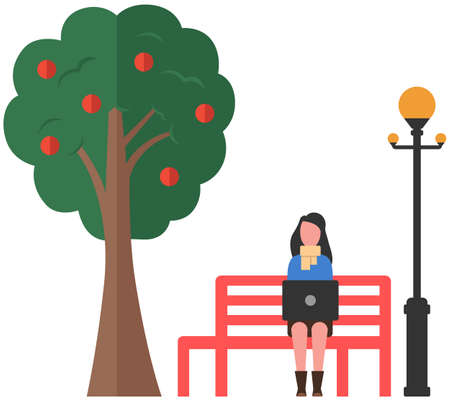 Girl with laptop is doing her tasks. Woman is working on computer freelance outdoors in city park. Female character relaxing in summer park over cityscape. Freelancer sitting under tree on benchのイラスト素材