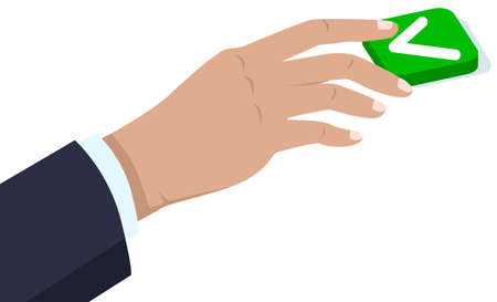 Hand of man in business suit pressing button yes. Choice, right decision and answer. Man clicks on check mark. Finger presses green button. Businessman makes choice and agrees vector illustrationのイラスト素材