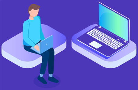 Businessman sitting on an abstract button holding opened laptop in hands. Man in formal clothes office worker or business man communicates using computer, freelancer performs task remotely in internetのイラスト素材