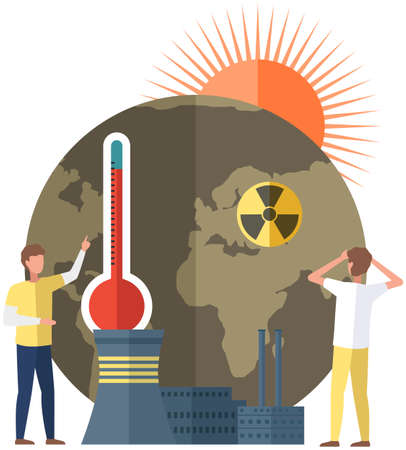 Earth is victim of global warming. Save planet concept. People make world suffer from destroyed soils and radiation emissions. Temperature of land is rising. Factories and smoke pollute planetのイラスト素材