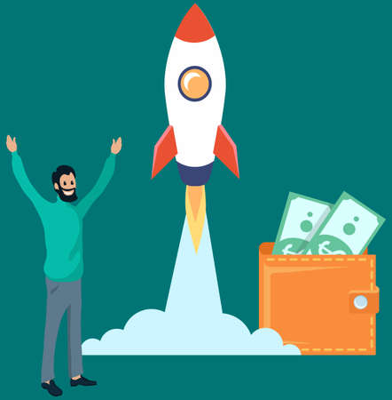 Successful businessman stands near rocket and wallet full of money on blue background. Concept of prosperous entrepreneur, business start up. New achievements in professional financial activitiesのイラスト素材