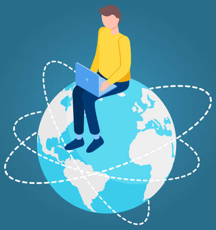 Man sitting with laptop on planet earth. Male character works with global network and Internet. Teenager uses wireless connection. Guy provides internet for connecting international networksのイラスト素材