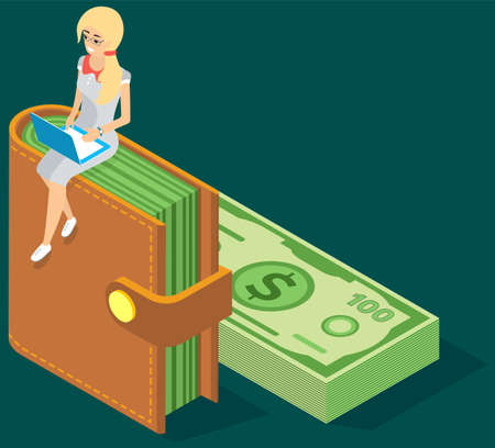 Young woman sitting on wallet with currency. Savings, storage, Carry investments. Female worker with laptop sitting on top of brown purse, girl working on computer, business-woman earning moneyのイラスト素材