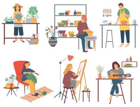People playing guitar and knitting vector, hobby set of person woman gardening, pottery and cooking. Interest drawing pictures on canvas with brushes setのイラスト素材