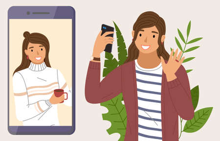 A woman has a virtual meeting with her friend using a smartphone. Video call conversation. Female...