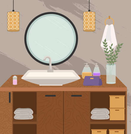 Modern sink table decorated with detergents and care products. Bathroom interior design concept. Design and layout of the room in a modern style. Equipment and items for interior vector illustrationのイラスト素材