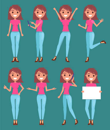 Young smiling woman dressed in blue jeans and pink t-shirt in various postures. Cheerful happy girl in different poses. Female cartoon character on green background colorful vector illustrationのイラスト素材