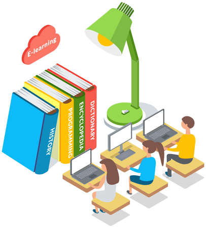 Group of students sitting at desks with laptops near stack of big books. University education and knowledge. Electronic literature database, digital reading internet education, online library in classのイラスト素材