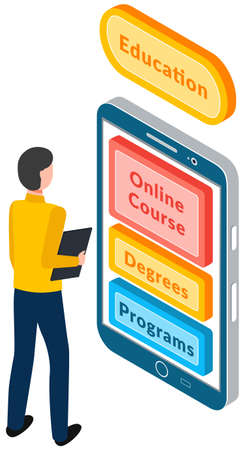 Online education concept. Man chooses course buttons on smartphone in education application on screen. Distance e-learning, modern technologies and programs for study via internet, educational appのイラスト素材
