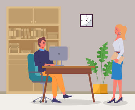 Businesspeople colleagues man and woman are communicating in office. Business characters are discussing a new project sitting at a desk with computer. Office workers talking, employee workplaceのイラスト素材