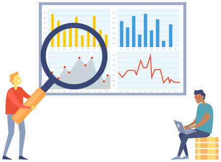 Men with magnifying glass analyze statistical indices on presentation with graph and charts on board, examines indicators of activity growth. Project management and financial report strategyのイラスト素材