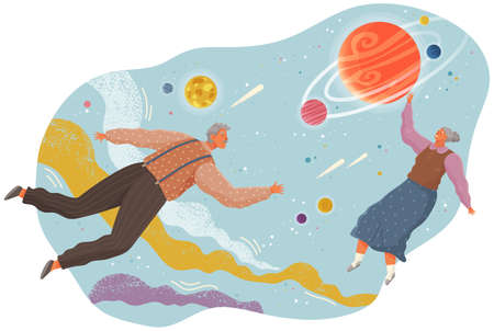 Elderly people flying to the stars in space with planets. Couple man and woman floating in imagination dreams. Male and female person flying in sky with planets wearing casual clothes flat vectorのイラスト素材
