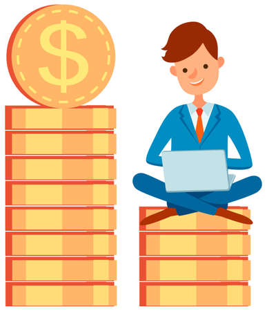 Business man sitting with laptop on big pile of stacked money and golden coins, planning investments activities. Successful financial action of entrepreneur. Profit, dividends from bank contributionのイラスト素材