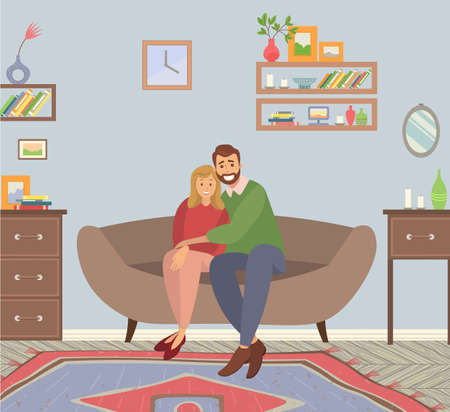 Smiling romantic couple at home sitting on sofa. Vector flat illustration happy people young family. Man and woman hugging sitting on the couch together in livingroom interior, people in loveのイラスト素材
