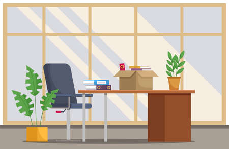 Office chair and desk with stack of books and cardboard box with things in room with big window. Furniture and equipment for the workplace of an employee or office worker, vector room interiorのイラスト素材