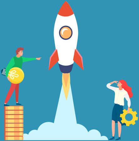 Successful businessmen stand with light bulb on pile of golden coins near flying rocket on blue background. Concept of creative idea or inspiration, business start up. New achievements of entrepreneurのイラスト素材