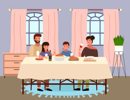 Italian family at home in dining room. Dining table with pasta and snack. Arrangement of furniture. People eating italian food in apartment. Parents drink wine. Children with forks in their handsのイラスト素材