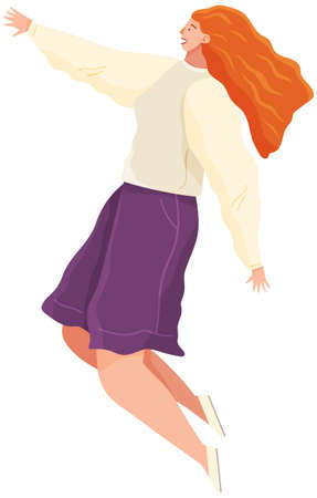 Cartoon female soaring and flying in the air dreaming person in movement pose isolated on white background. Woman floating in imagination dream. A girl flying in dreams or sky wearing casual clothesのイラスト素材