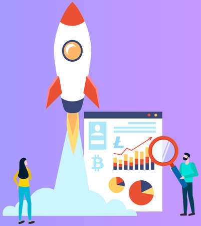 Cryptocurrency earnings. Web banner of blockchain technology, new start up with financial innovation, digital money market with tiny businessmen, bitcoin and litecoin signs, virtual payment systemのイラスト素材