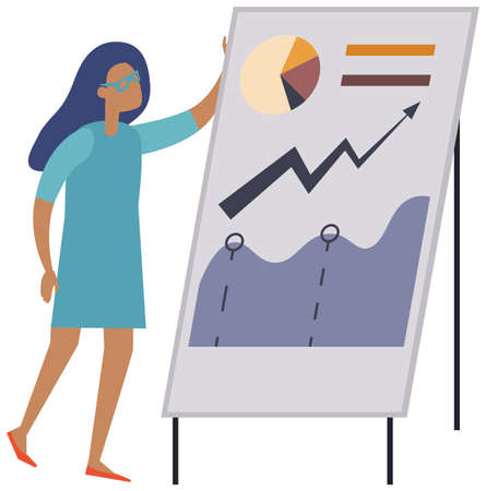 Businesswoman analyzing digital marketing statistics on board. Woman working with analytical graphs and charts. Cartoon employee or freelancer searching solution, prepares to provide progress reportのイラスト素材