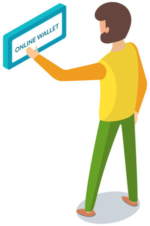 Businessman hand point to e-Wallet for computer laptop computer online payment isolated on white. Vector illustration online business eWallet concept with a man presses the button online walletのイラスト素材